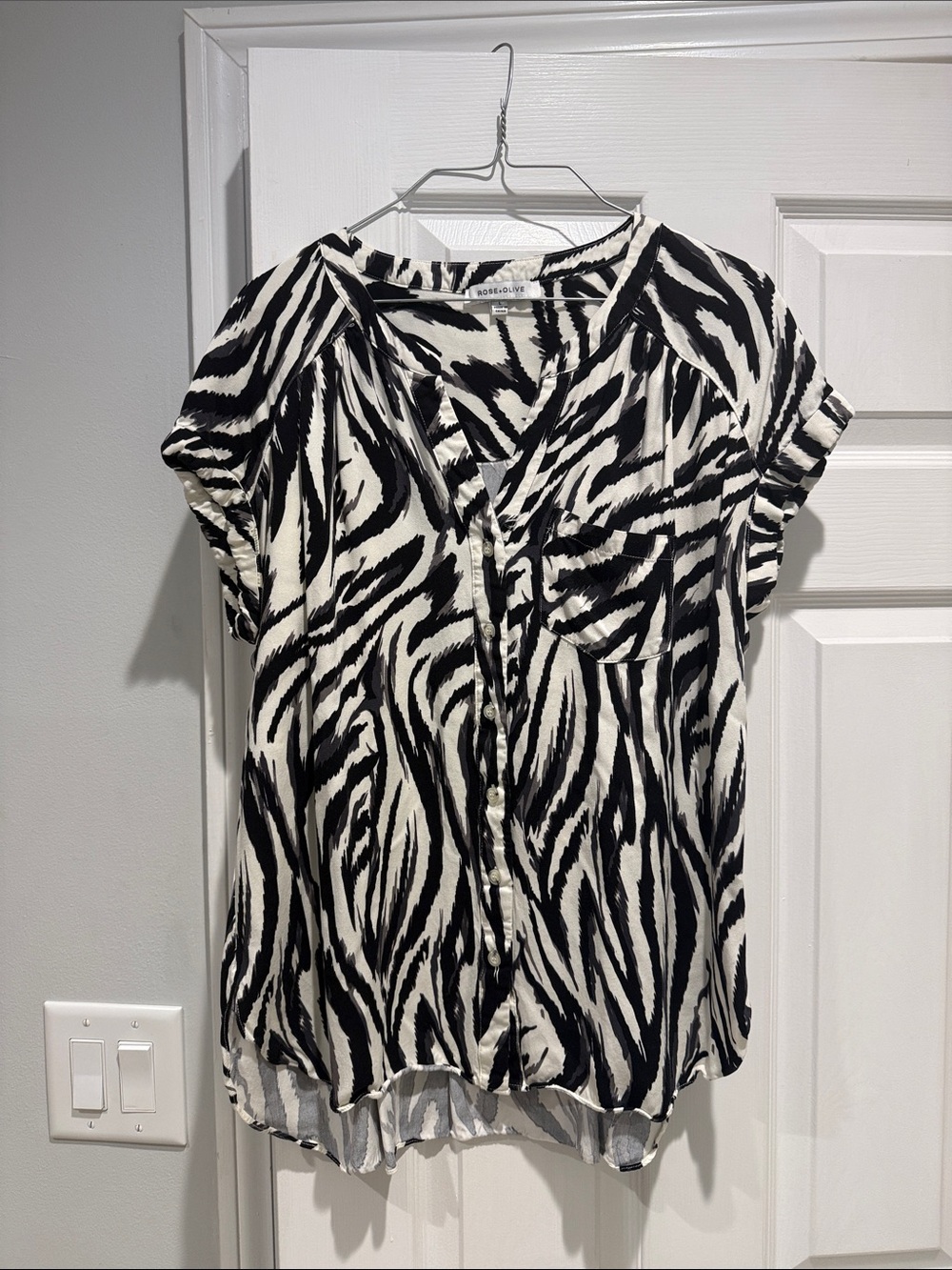 Rose & Olive Black and White Zebra-Print Button Down Top